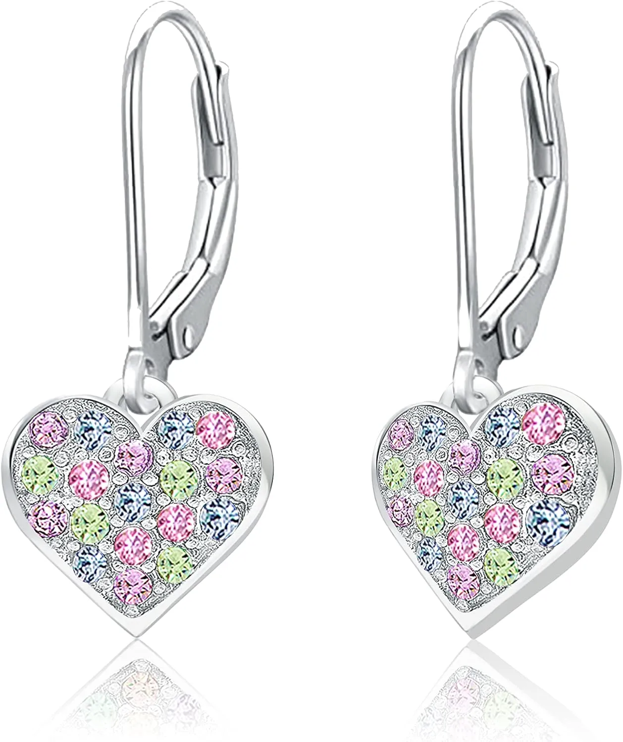 Kids Earrings - 925 Sterling Silver With a White Gold Tone Classic Clear Heart Secure Leverback Earrings kids, children, girls, baby Made With Crystal Elements