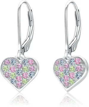 Kids Earrings - 925 Sterling Silver With a White Gold Tone Classic Clear Heart Secure Leverback Earrings kids, children, girls, baby Made With Crystal Elements