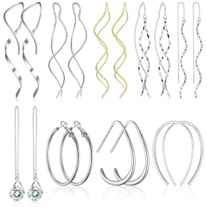 Kigeli 9 Pairs Silver Hoop Earrings Spiral Threader Earrings Set Open Hoops Pull Through Earrings CZ Chain Earrings Twisted Linear Curved Dangle Drop Earrings for Women Girls Gift (Classic Style)