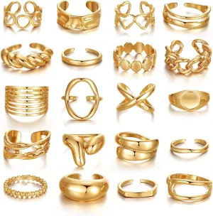 KISS WIFE Chunky Gold Rings Adjustable Finger Rings for Women 20 Pcs Trendy Dainty Iregular Stackable Chunky Jewelry Ring Set Gifts for Women