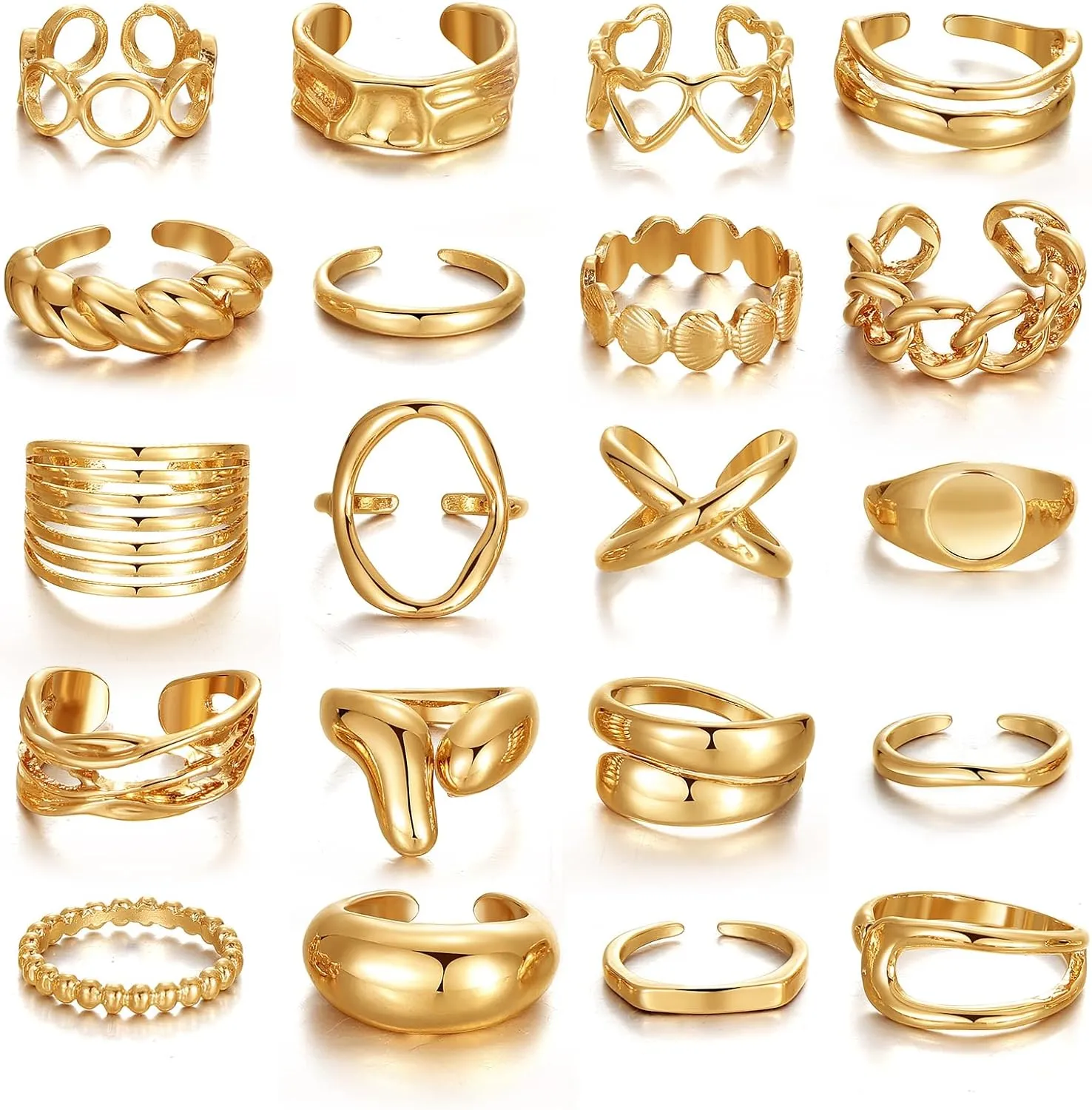 KISS WIFE Chunky Gold Rings Adjustable Finger Rings for Women 20 Pcs Trendy Dainty Iregular Stackable Chunky Jewelry Ring Set Gifts for Women