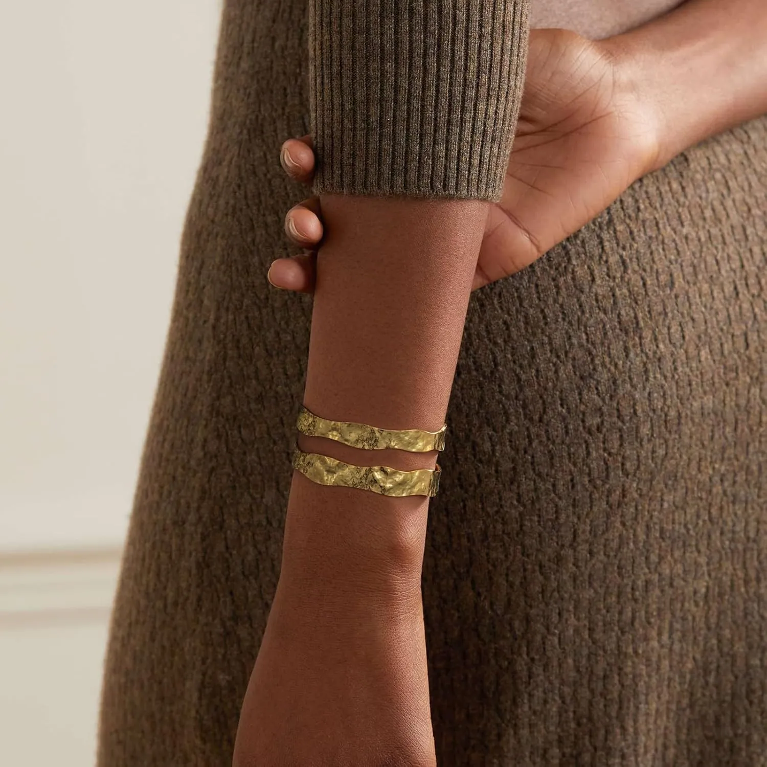 KissYan Gold Cuff Bracelets for Women,14k Gold Plated Adjustable Open Statement Wide Bangles Double-Layer Hollow Weave Hammered High Polished Irregular Thin Minimalist Trendy Jewelry Gift