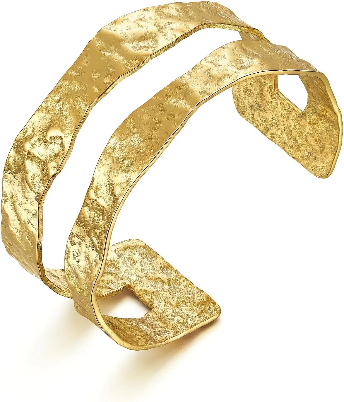 KissYan Gold Cuff Bracelets for Women,14k Gold Plated Adjustable Open Statement Wide Bangles Double-Layer Hollow Weave Hammered High Polished Irregular Thin Minimalist Trendy Jewelry Gift