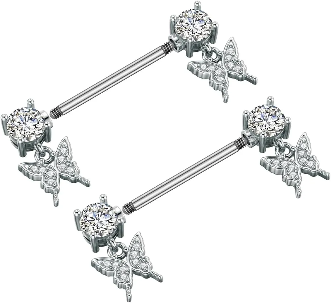 Kokoma Dangle Drop Charm Nipple Rings for Women CZ Crystal Star Cross Butterfly Dangling Nipplerings Straight Tongue Rings Eye Barbell Piercing 14G Body Piercing Jewelry