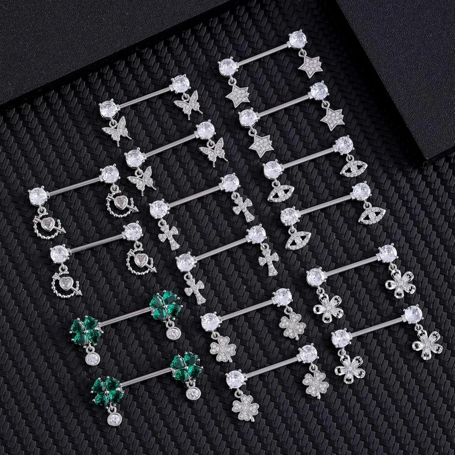 Kokoma Dangle Drop Charm Nipple Rings for Women CZ Crystal Star Cross Butterfly Dangling Nipplerings Straight Tongue Rings Eye Barbell Piercing 14G Body Piercing Jewelry