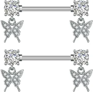 Kokoma Dangle Drop Charm Nipple Rings for Women CZ Crystal Star Cross Butterfly Dangling Nipplerings Straight Tongue Rings Eye Barbell Piercing 14G Body Piercing Jewelry