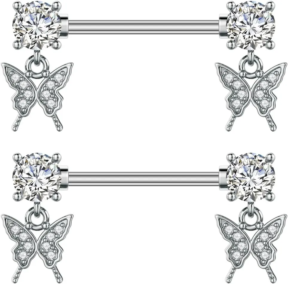 Kokoma Dangle Drop Charm Nipple Rings for Women CZ Crystal Star Cross Butterfly Dangling Nipplerings Straight Tongue Rings Eye Barbell Piercing 14G Body Piercing Jewelry