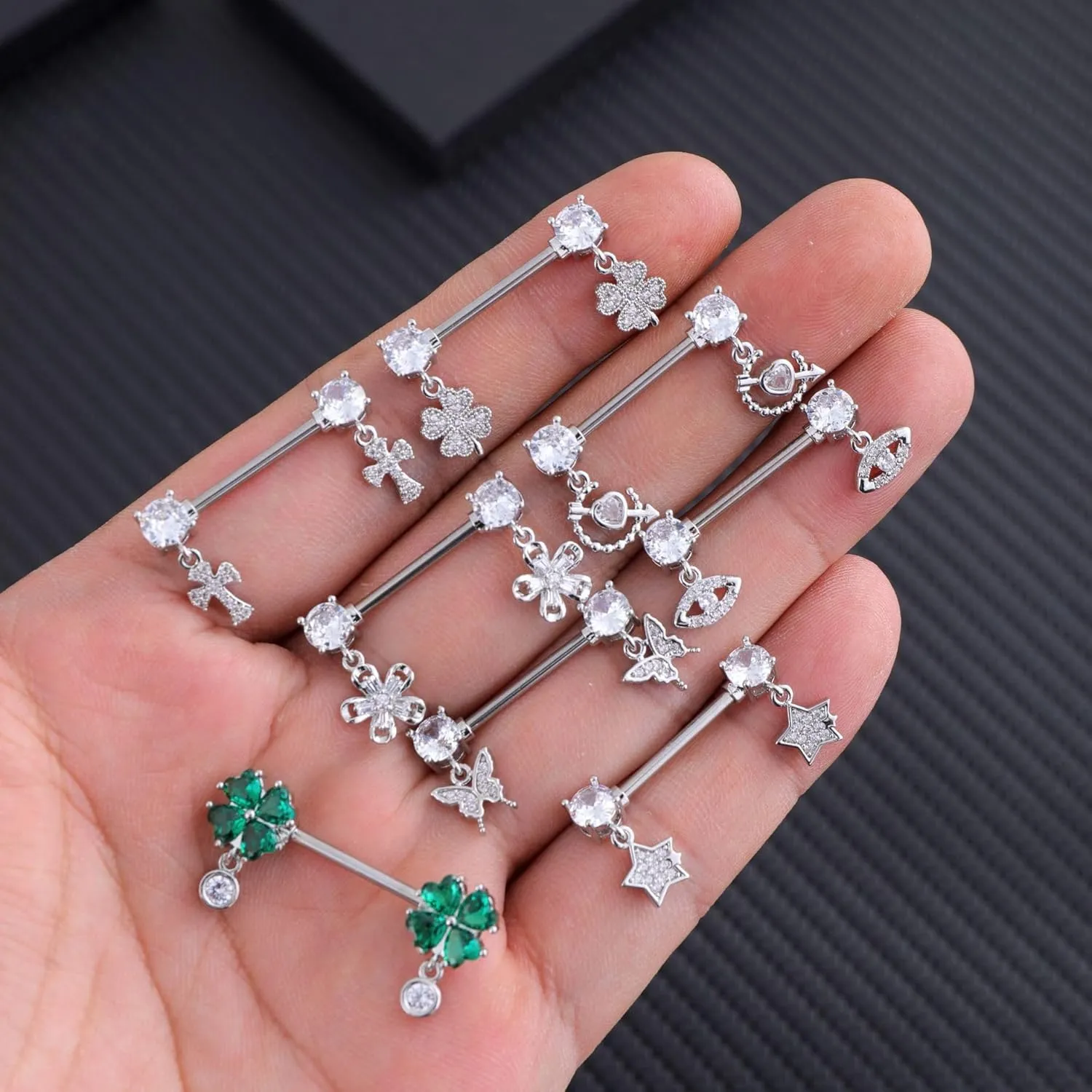 Kokoma Dangle Drop Charm Nipple Rings for Women CZ Crystal Star Cross Butterfly Dangling Nipplerings Straight Tongue Rings Eye Barbell Piercing 14G Body Piercing Jewelry