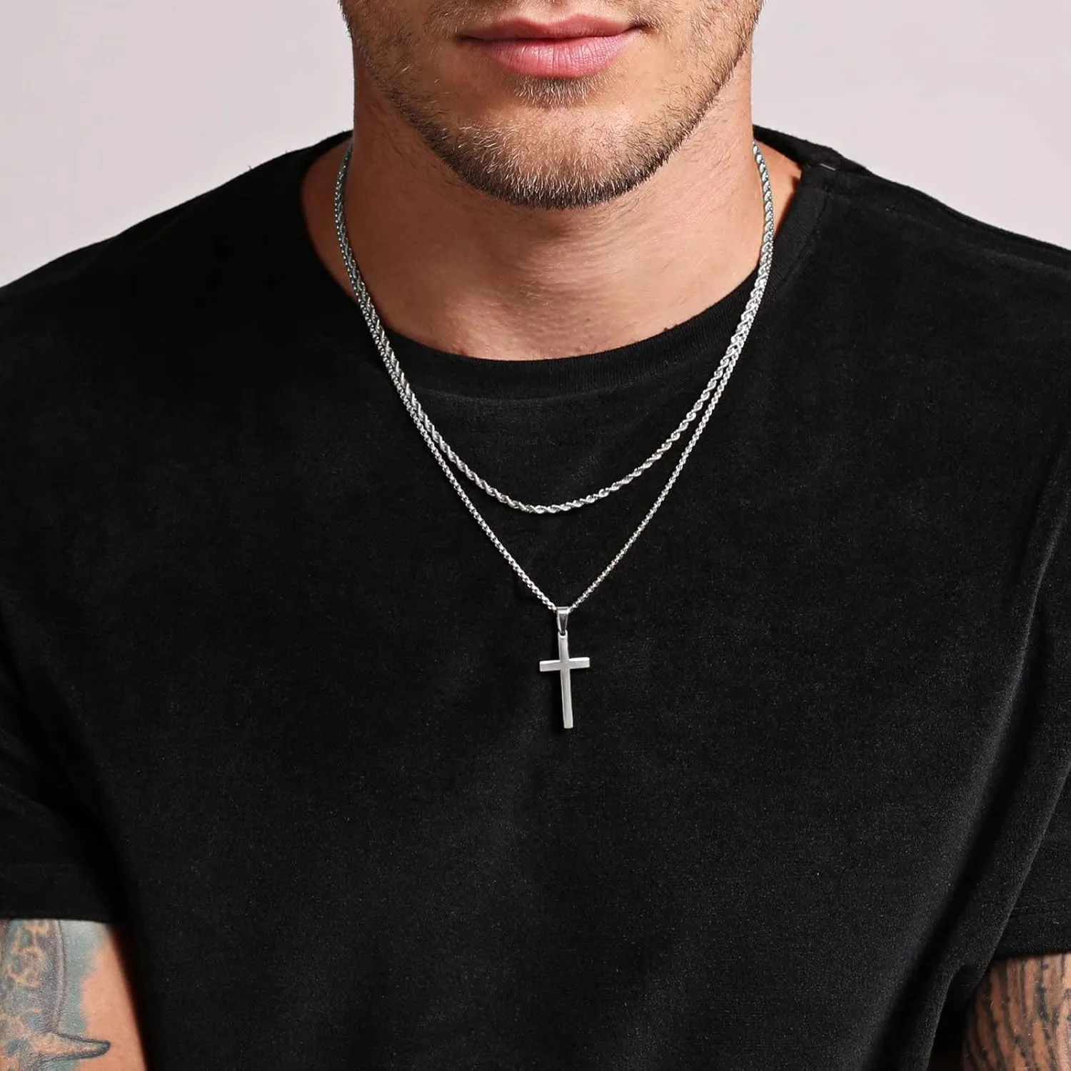 LABNNA Cross Necklace For Men,Steel Titanium Christian Cross Pendant Necklaces For Men Pendant Chain Gold Silver Cross Necklace,Religious Jewelry Gifts