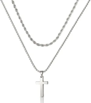 LABNNA Cross Necklace For Men,Steel Titanium Christian Cross Pendant Necklaces For Men Pendant Chain Gold Silver Cross Necklace,Religious Jewelry Gifts