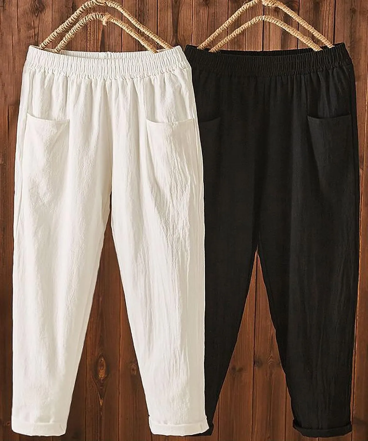 Ladies Linen Cropped Trousers Women's Casual Harem Trousers High Waist Baggy Solid Color Trousers with Pockets