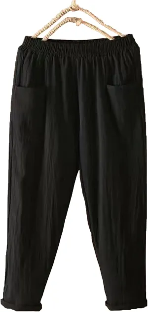 Ladies Linen Cropped Trousers Women's Casual Harem Trousers High Waist Baggy Solid Color Trousers with Pockets