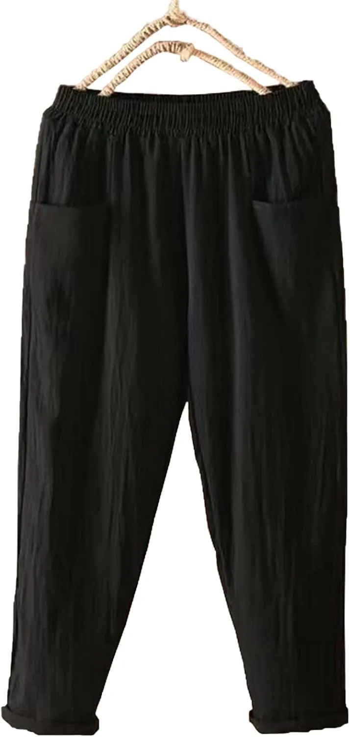 Ladies Linen Cropped Trousers Women's Casual Harem Trousers High Waist Baggy Solid Color Trousers with Pockets
