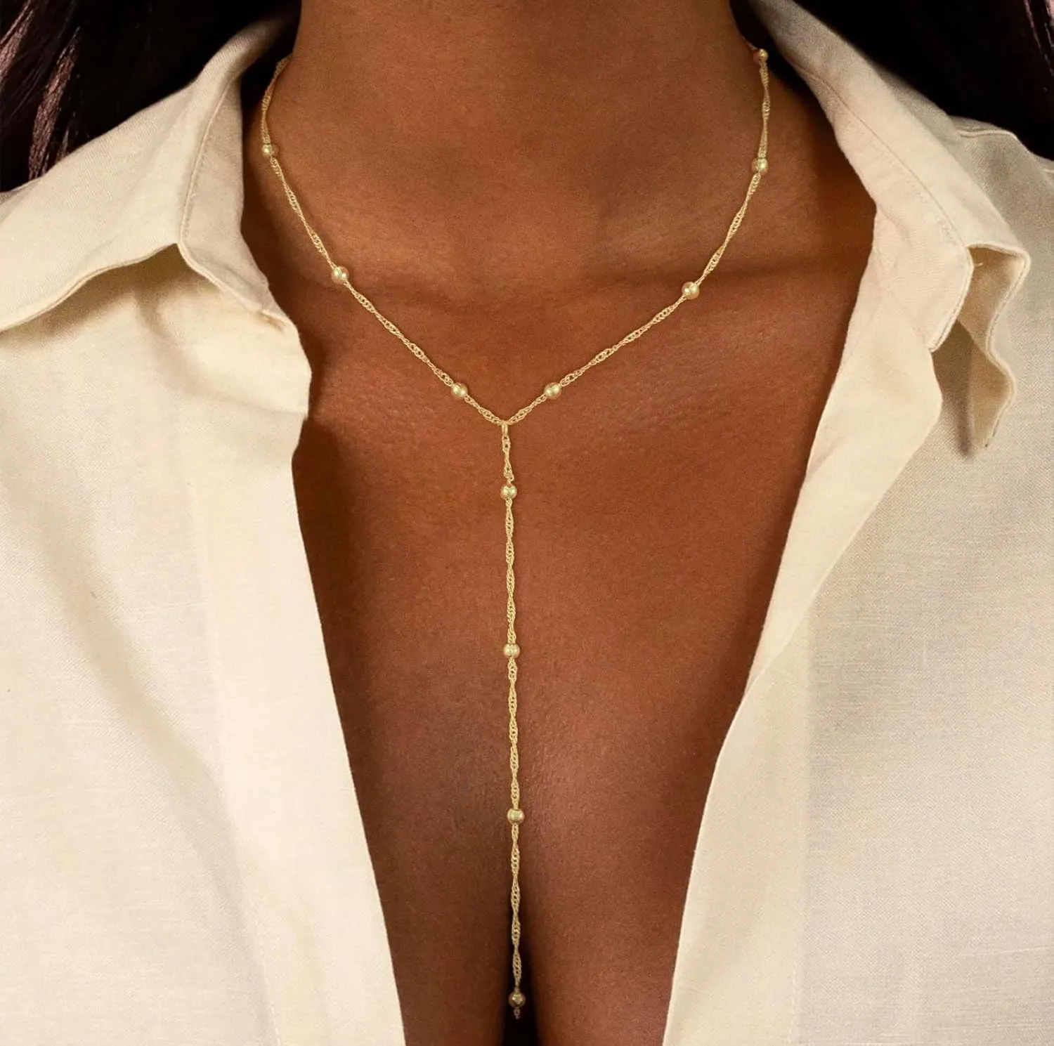 Lariat Gold Necklace for Women Trendy -14K Real Gold Plated Layered Y-Shape Beaded Chain Necklace, Dainty Tarnish-Resistant Long Necklaces Jewelry Gifts for Stylish Women