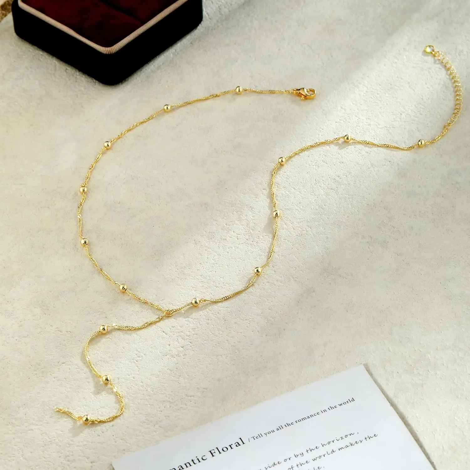 Lariat Gold Necklace for Women Trendy -14K Real Gold Plated Layered Y-Shape Beaded Chain Necklace, Dainty Tarnish-Resistant Long Necklaces Jewelry Gifts for Stylish Women