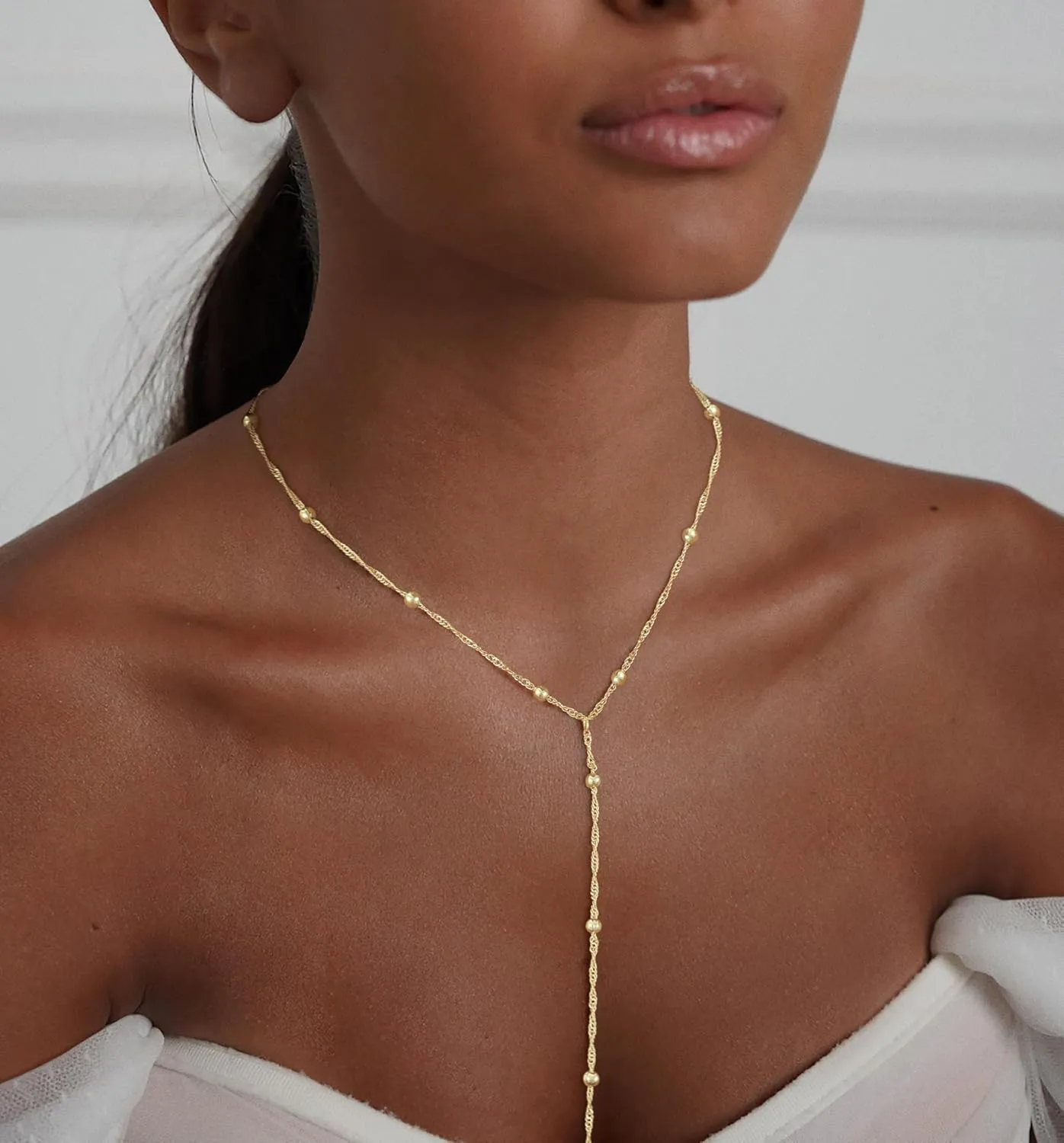 Lariat Gold Necklace for Women Trendy -14K Real Gold Plated Layered Y-Shape Beaded Chain Necklace, Dainty Tarnish-Resistant Long Necklaces Jewelry Gifts for Stylish Women