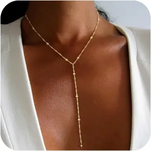 Lariat Gold Necklace for Women Trendy -14K Real Gold Plated Layered Y-Shape Beaded Chain Necklace, Dainty Tarnish-Resistant Long Necklaces Jewelry Gifts for Stylish Women