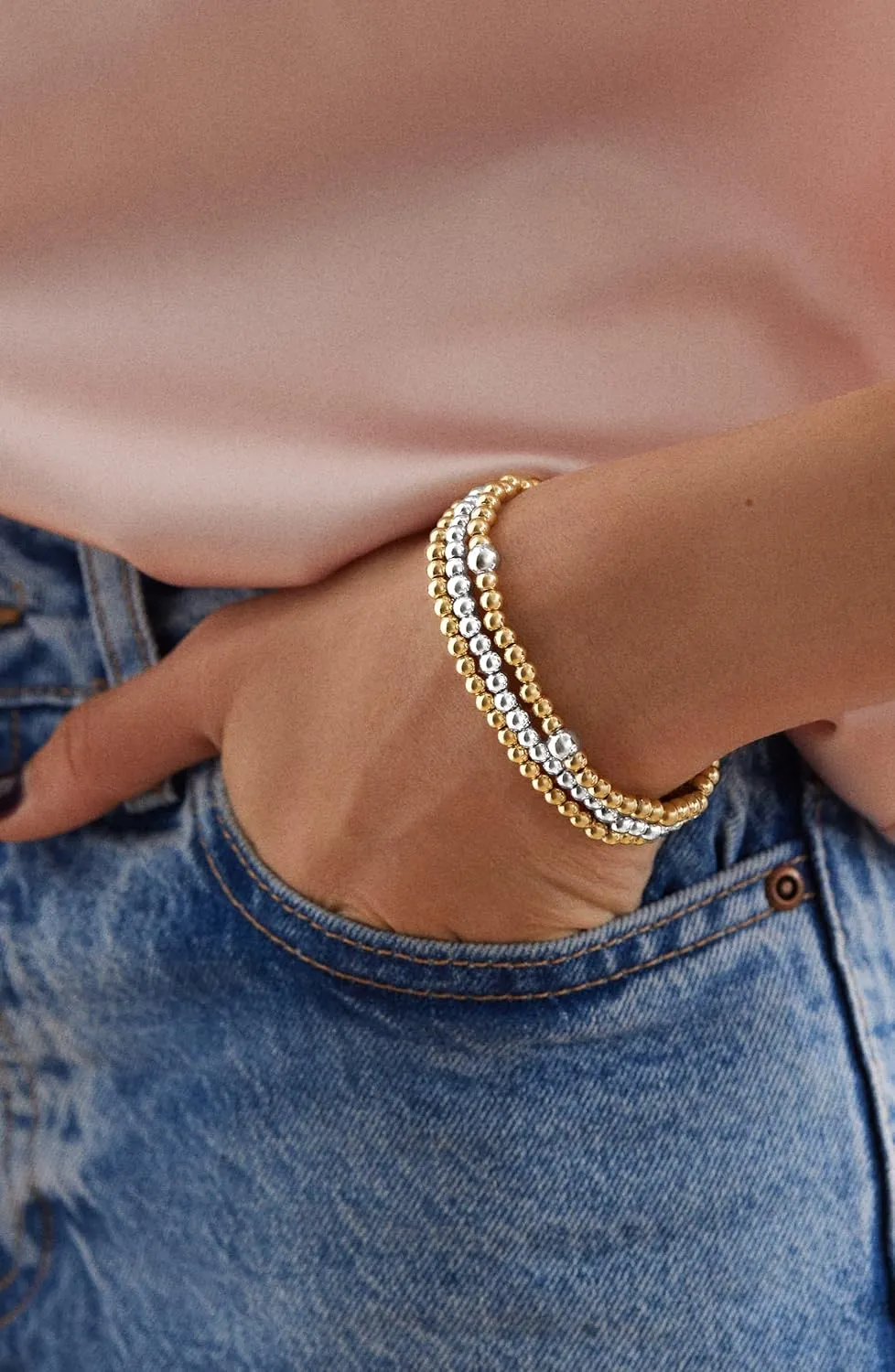 Layered Elastic Stretch 2MM/4MM/6MM Beaded Bracelets - Dainty 14K Gold/Silver Plated Stack Bracelet Set Size of 6.5inch for Women Trendy Jewelry Gift