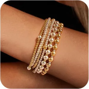 Layered Elastic Stretch 2MM/4MM/6MM Beaded Bracelets - Dainty 14K Gold/Silver Plated Stack Bracelet Set Size of 6.5inch for Women Trendy Jewelry Gift