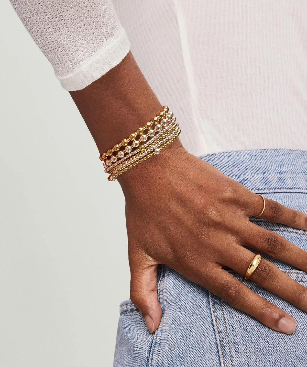 Layered Elastic Stretch 2MM/4MM/6MM Beaded Bracelets - Dainty 14K Gold/Silver Plated Stack Bracelet Set Size of 6.5inch for Women Trendy Jewelry Gift