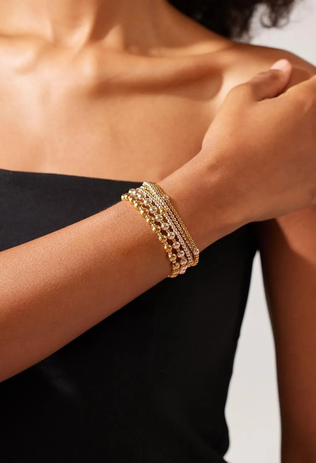 Layered Elastic Stretch 2MM/4MM/6MM Beaded Bracelets - Dainty 14K Gold/Silver Plated Stack Bracelet Set Size of 6.5inch for Women Trendy Jewelry Gift