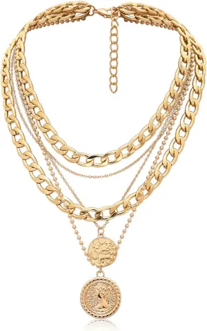 Layered Gold Pirate Necklace for Women Vintage Coin Pendant Necklaces Chunky Chain Pirate Necklace Gold Statement Jewelry