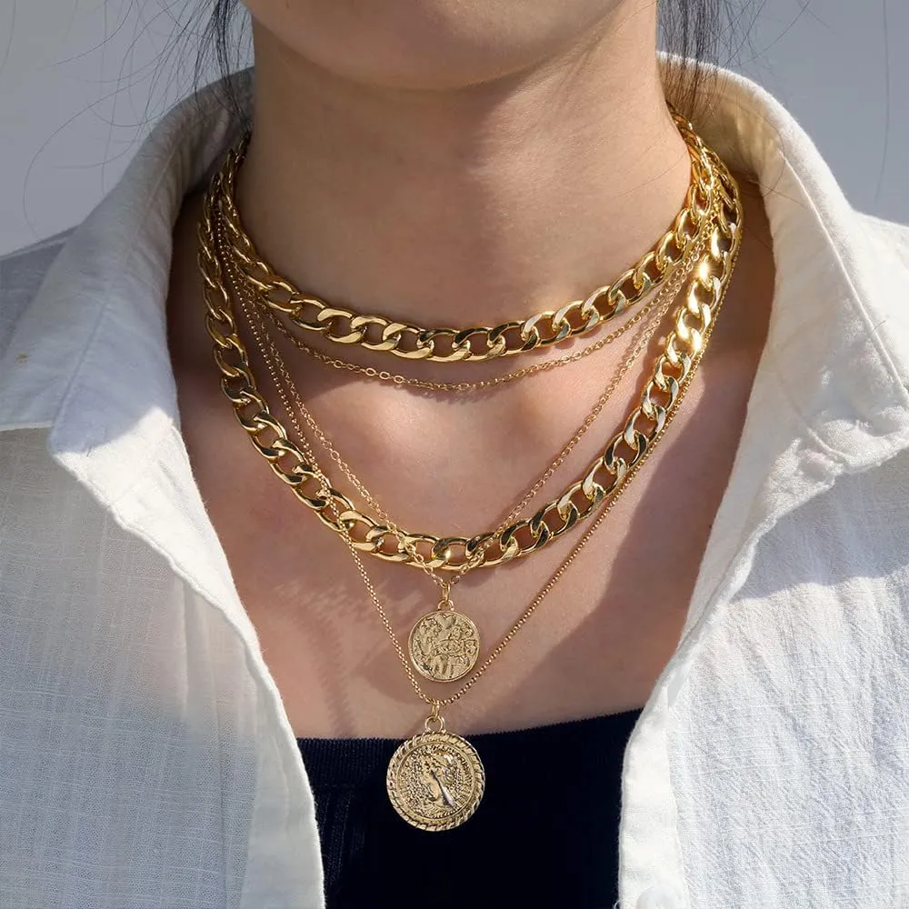 Layered Gold Pirate Necklace for Women Vintage Coin Pendant Necklaces Chunky Chain Pirate Necklace Gold Statement Jewelry