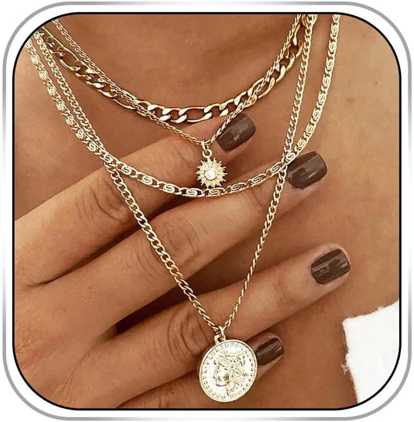 Layered Necklaces for Women Gold Boho Sun Pendant Necklace Jewelry for Beach Summer