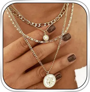 Layered Necklaces for Women Gold Boho Sun Pendant Necklace Jewelry for Beach Summer