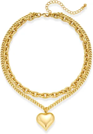 Layered Puffy Heart Necklaces For Women Gold And Silver Plated Heart Pendant Necklace Long Chain Necklace