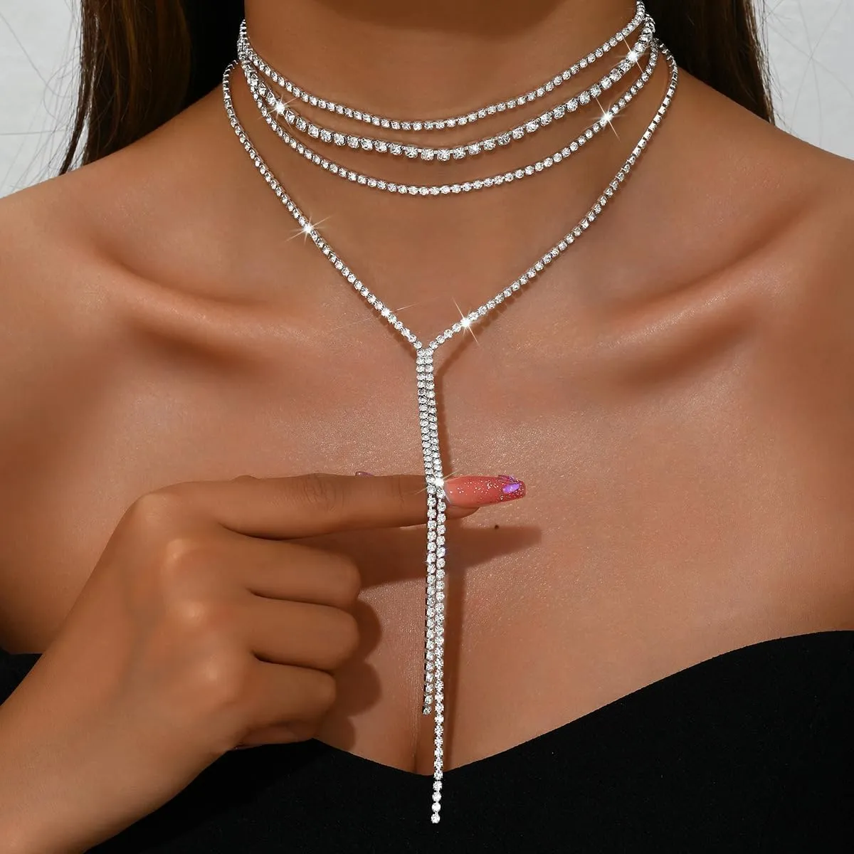Layered Rhinestone Necklaces for Women Boho Fashion Y Long Neckalce Prom Shinny Black Silver Rhinestones Choker Necklace Wedding Bridal Jewerly