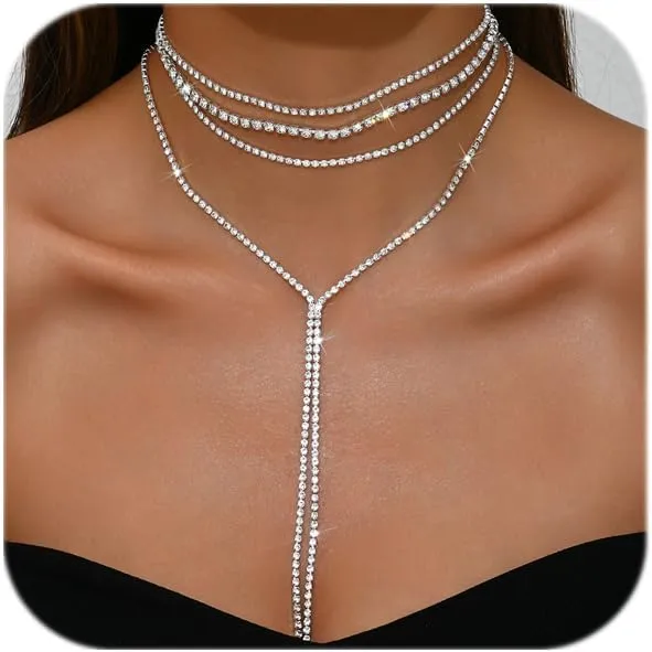 Layered Rhinestone Necklaces for Women Boho Fashion Y Long Neckalce Prom Shinny Black Silver Rhinestones Choker Necklace Wedding Bridal Jewerly