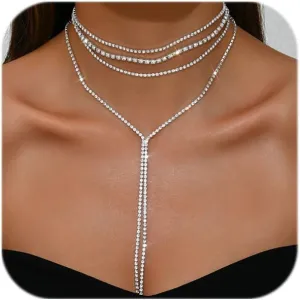 Layered Rhinestone Necklaces for Women Boho Fashion Y Long Neckalce Prom Shinny Black Silver Rhinestones Choker Necklace Wedding Bridal Jewerly