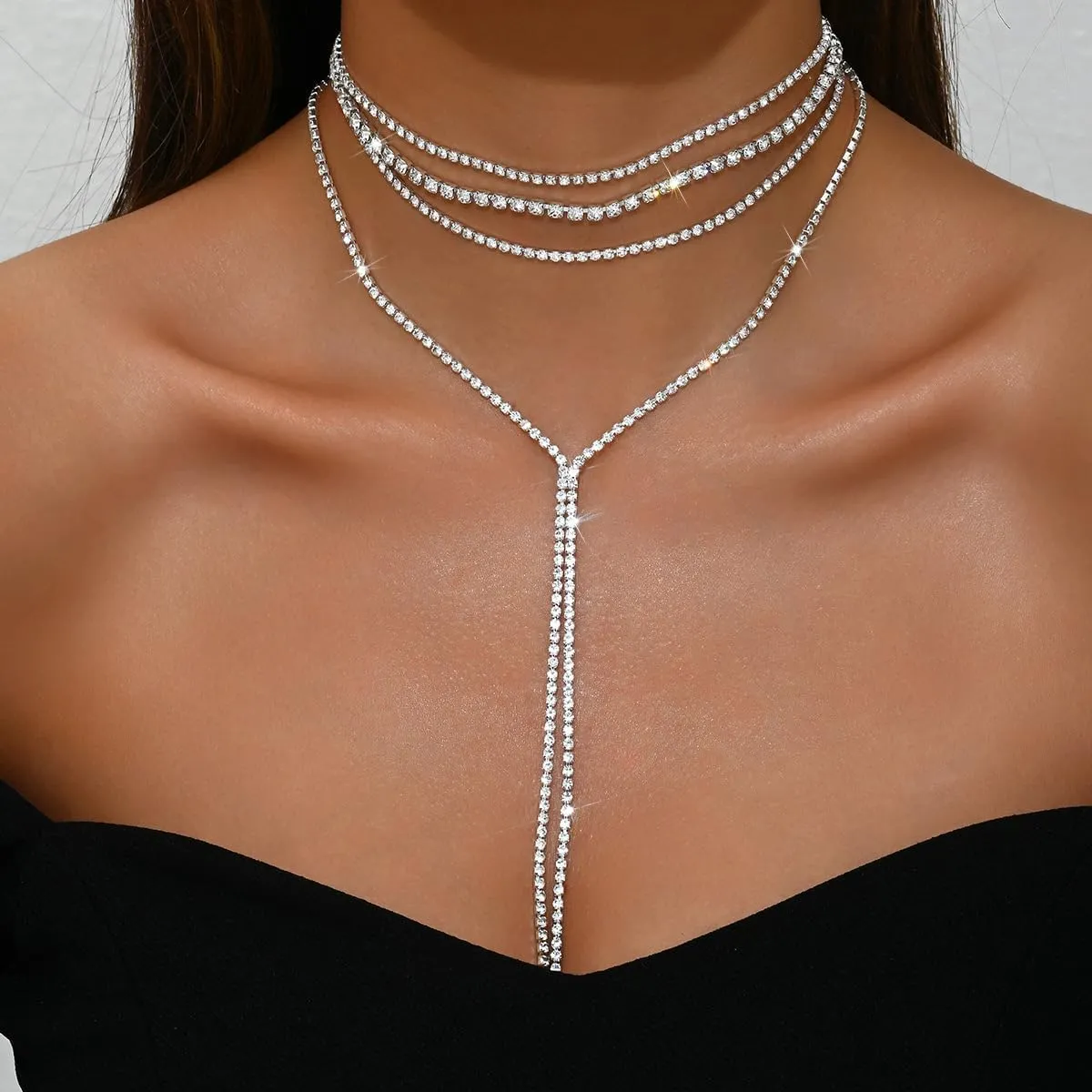 Layered Rhinestone Necklaces for Women Boho Fashion Y Long Neckalce Prom Shinny Black Silver Rhinestones Choker Necklace Wedding Bridal Jewerly