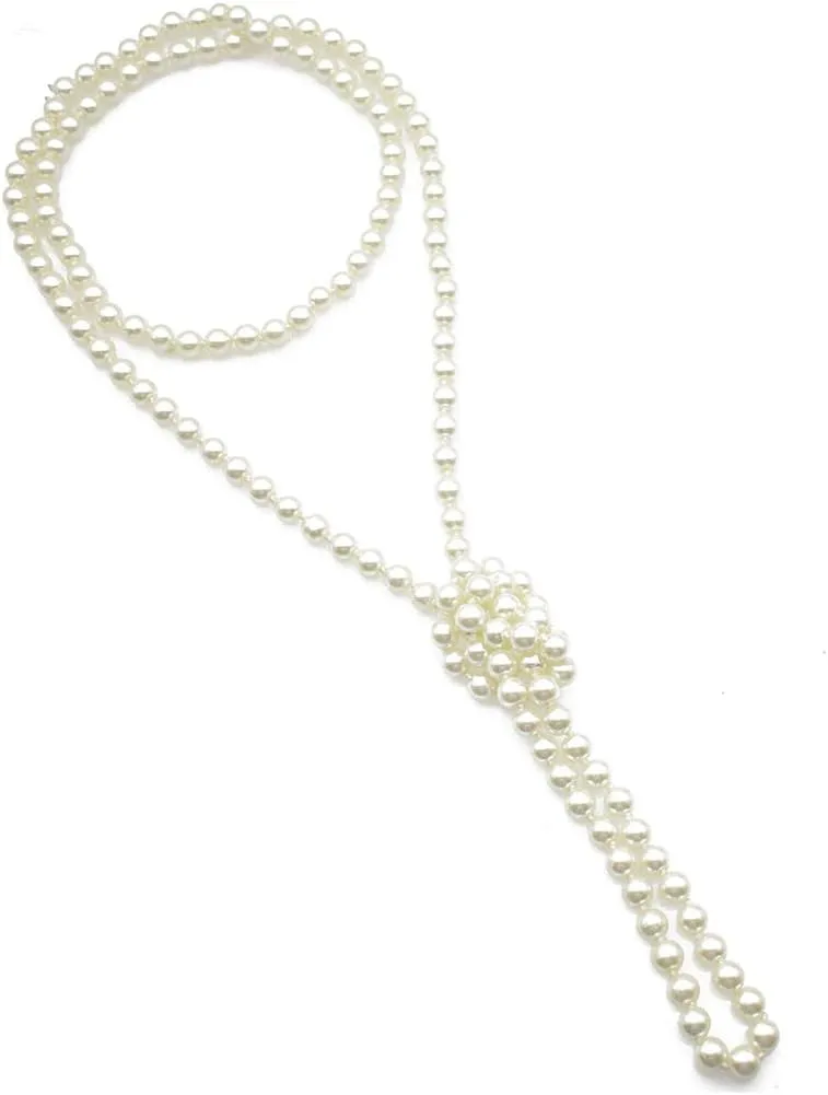 Long Layered Pearl Y Necklace - Boho 6mm Fake Pearls Beaded Choker Layering Statement Necklaces (White)
