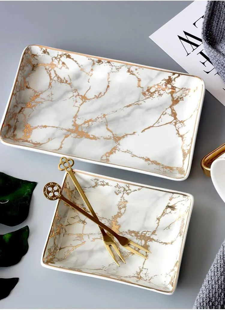 Marble Ceramic Ring Dish Jewelry Dish Ring Holder Jewelry Organizer with Golden Edged Home Decor Wedding Gift (Golden, Large)