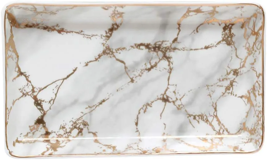Marble Ceramic Ring Dish Jewelry Dish Ring Holder Jewelry Organizer with Golden Edged Home Decor Wedding Gift (Golden, Large)