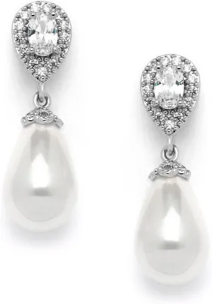 Mariell Pearl Bridal Wedding Drop Earrings with CZ Crystals for Brides, Bridesmaids, Birthday Gift