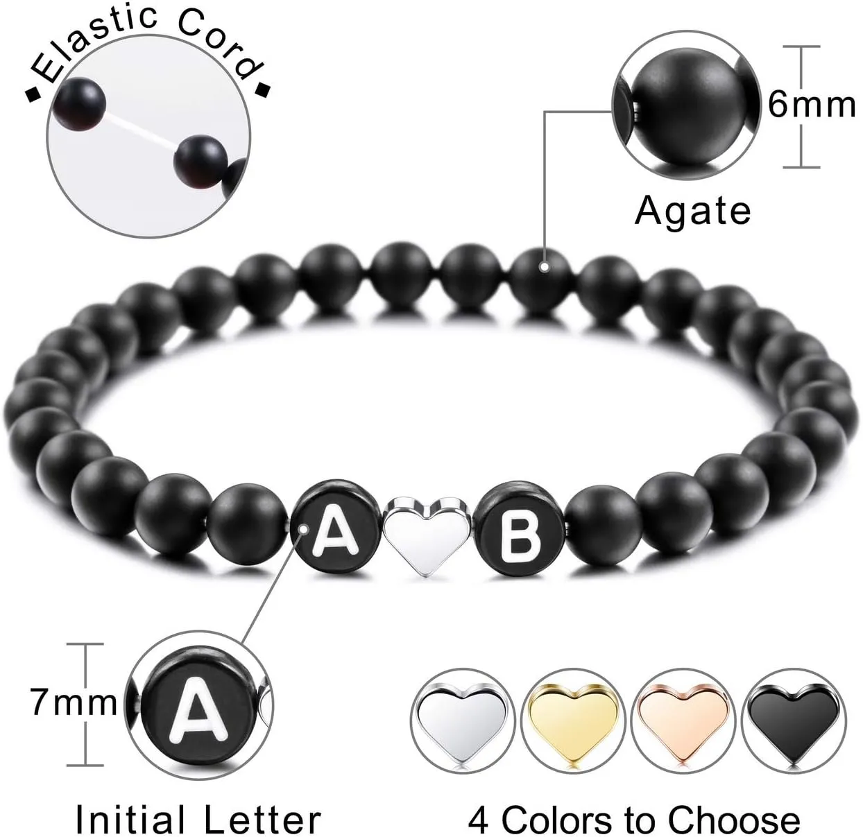 MeMeDIY Personalized Initial Bracelet Engraved Letter Bead Bracelets for Boyfriend Girlfriends Couples Women Men Custom Ankle Bracelet Black Natural Agate White Turquoise with Heart Handmade Gifts