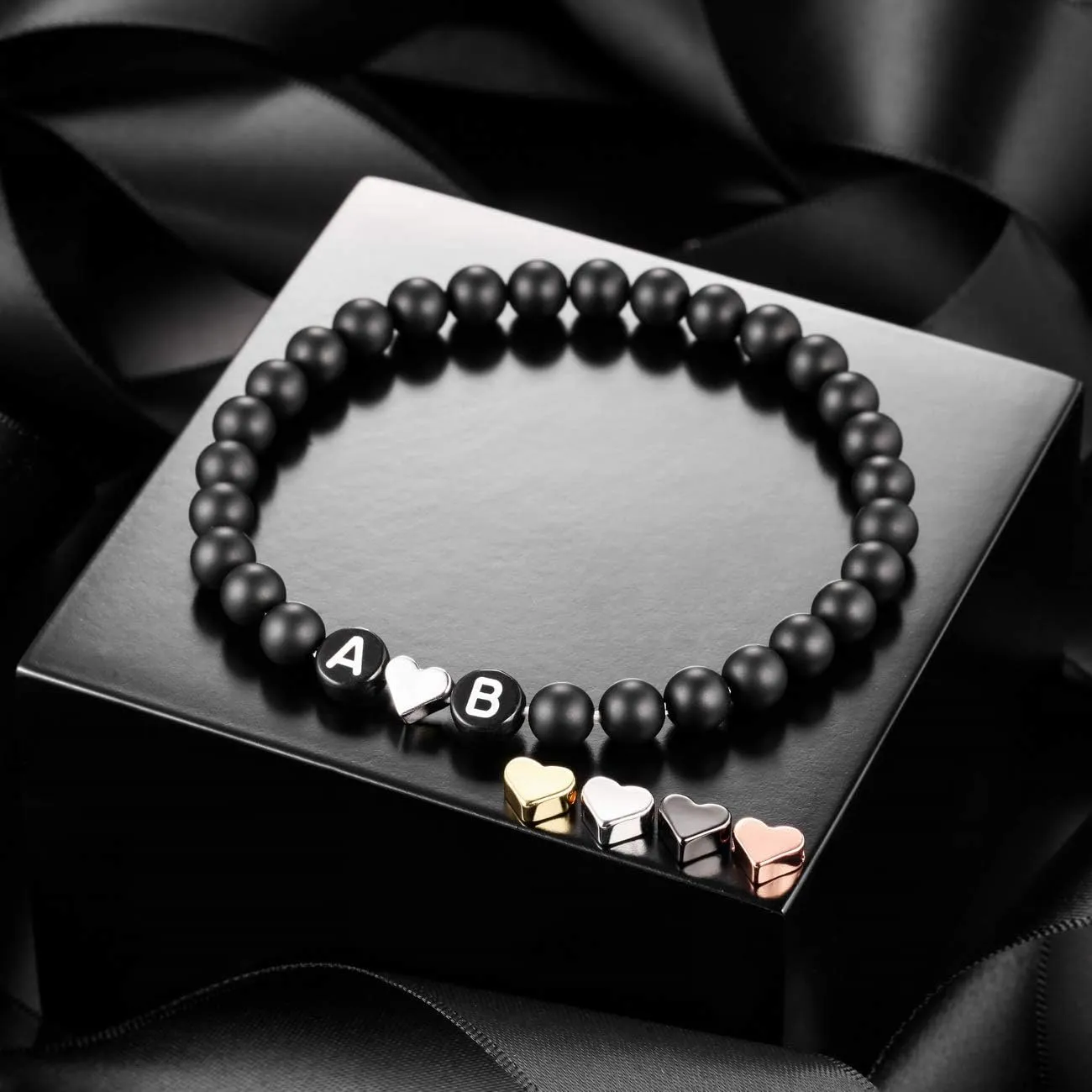 MeMeDIY Personalized Initial Bracelet Engraved Letter Bead Bracelets for Boyfriend Girlfriends Couples Women Men Custom Ankle Bracelet Black Natural Agate White Turquoise with Heart Handmade Gifts