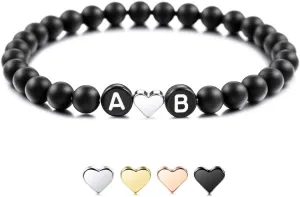 MeMeDIY Personalized Initial Bracelet Engraved Letter Bead Bracelets for Boyfriend Girlfriends Couples Women Men Custom Ankle Bracelet Black Natural Agate White Turquoise with Heart Handmade Gifts