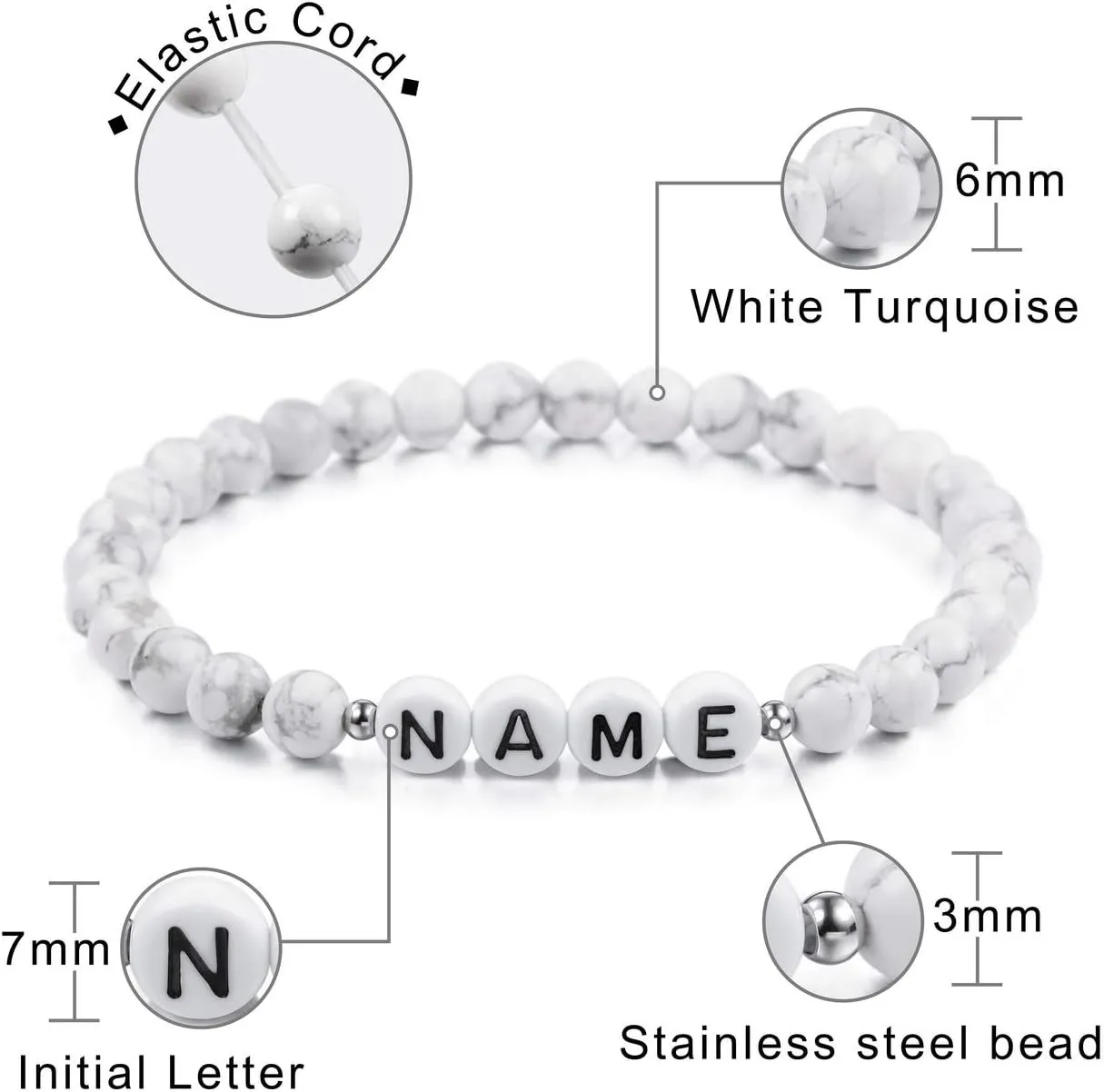 MeMeDIY Personalized Initial Bracelet Engraved Letter Bracelets for Boyfriend Girlfriends Couples Women Men Custom Name Ankle Bracelet Black Natural Agate White Turquoise Handmade Gifts