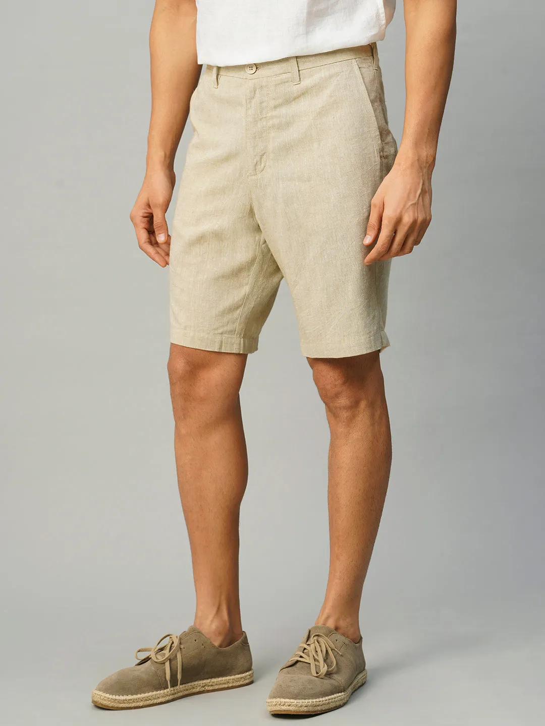 Men's Khaki Linen Viscose Regular Fit Shorts
