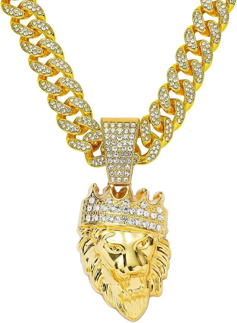 Men's Lion Crown Necklace - 70cm Hip Hop Style Metal Pendant Diamond Accents Gift for Men Bold Stylish cool Accessory
