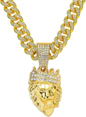 Men's Lion Crown Necklace - 70cm Hip Hop Style Metal Pendant Diamond Accents Gift for Men Bold Stylish cool Accessory