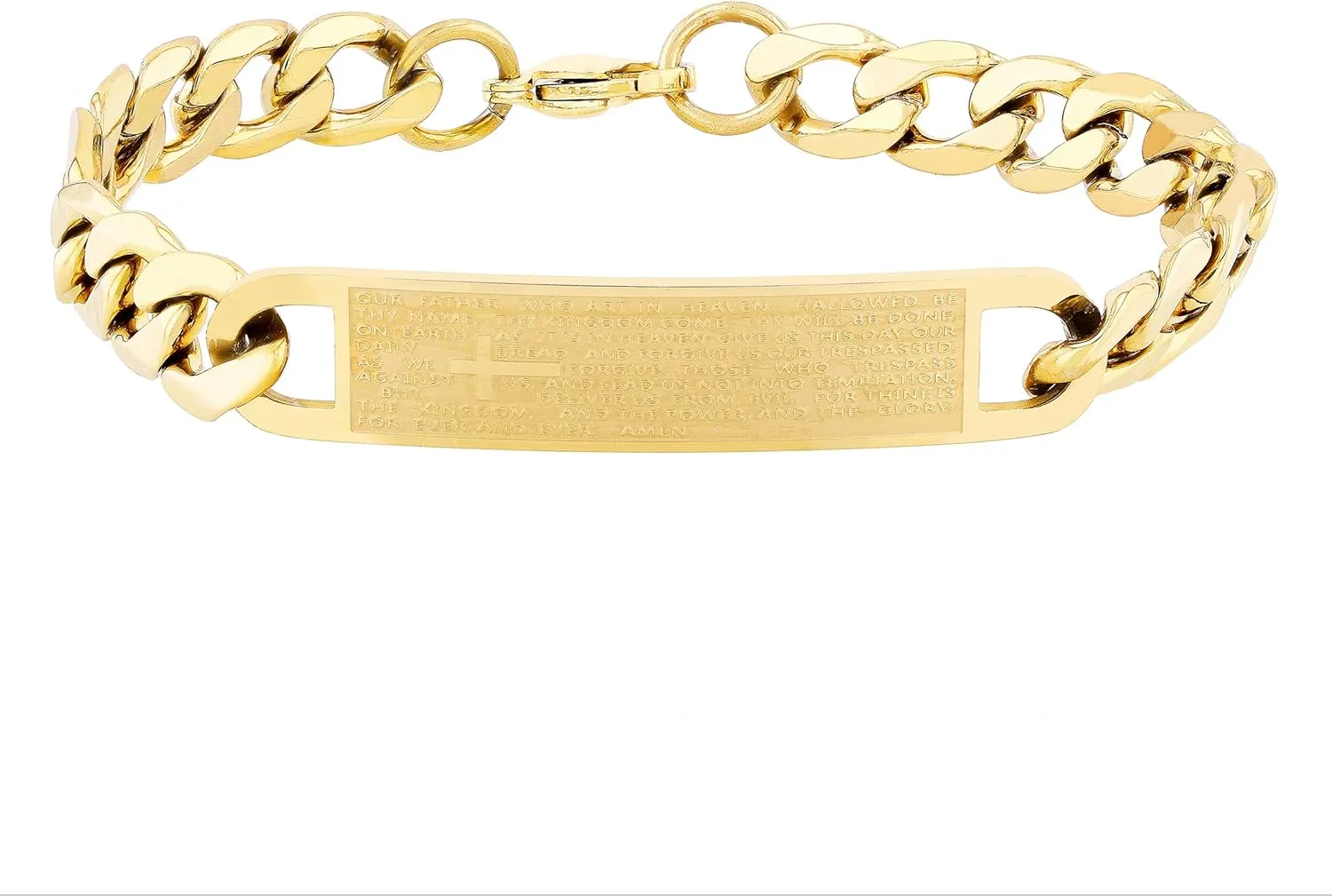 Men's Stainless Steel 8-1/2" Lords Prayer Curb Link Chain Bracelet with Polished Yellow Gold Tone Finish