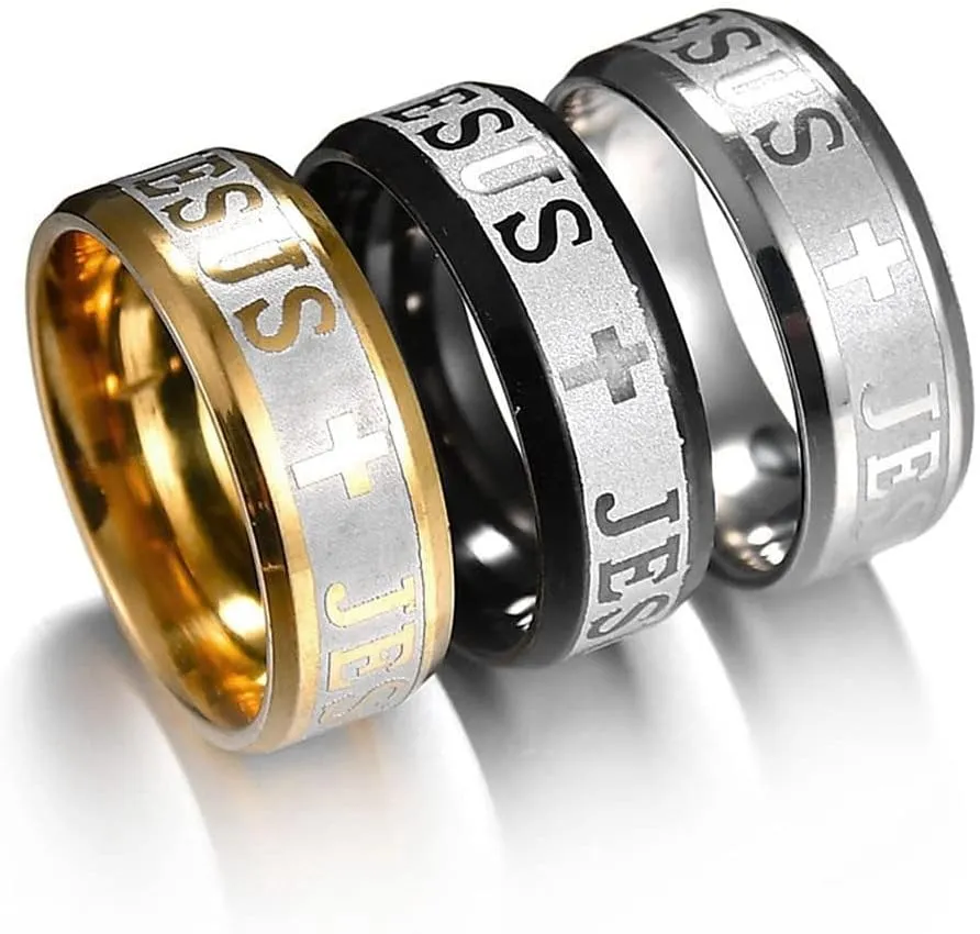 Mens Stainless Steel Christian Jesus Cross Ring Band Men Size 6-12 Faith-Inspired Jesus Rings Set: Stylish Gold, Silver, and Black Designs Symbolizing Belief, Strength, and Spiritual Connection