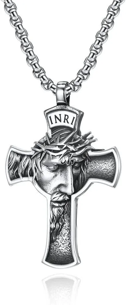 Mens Stainless Steel Jesus Christ Face Crucifix Cross Pendant Box Chain Necklace