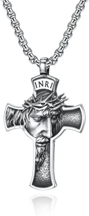 Mens Stainless Steel Jesus Christ Face Crucifix Cross Pendant Box Chain Necklace
