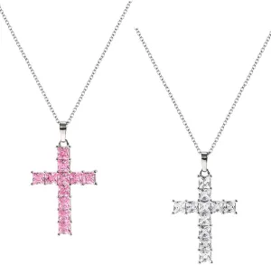 Minimalist CZ Cross Pendant Necklace for Women Hypoallergenic Clear Crystal Pink Birthstone Statement Link Chain Necklaces Adjustable Fashion Chic Jewelry for Halloween Christmas Party 18 Inches